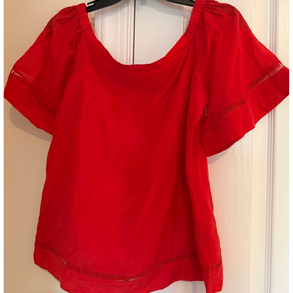 Red Cotton Silk Blend Off The Shoulder Blouse with Ladder Stitch ralph lauren S